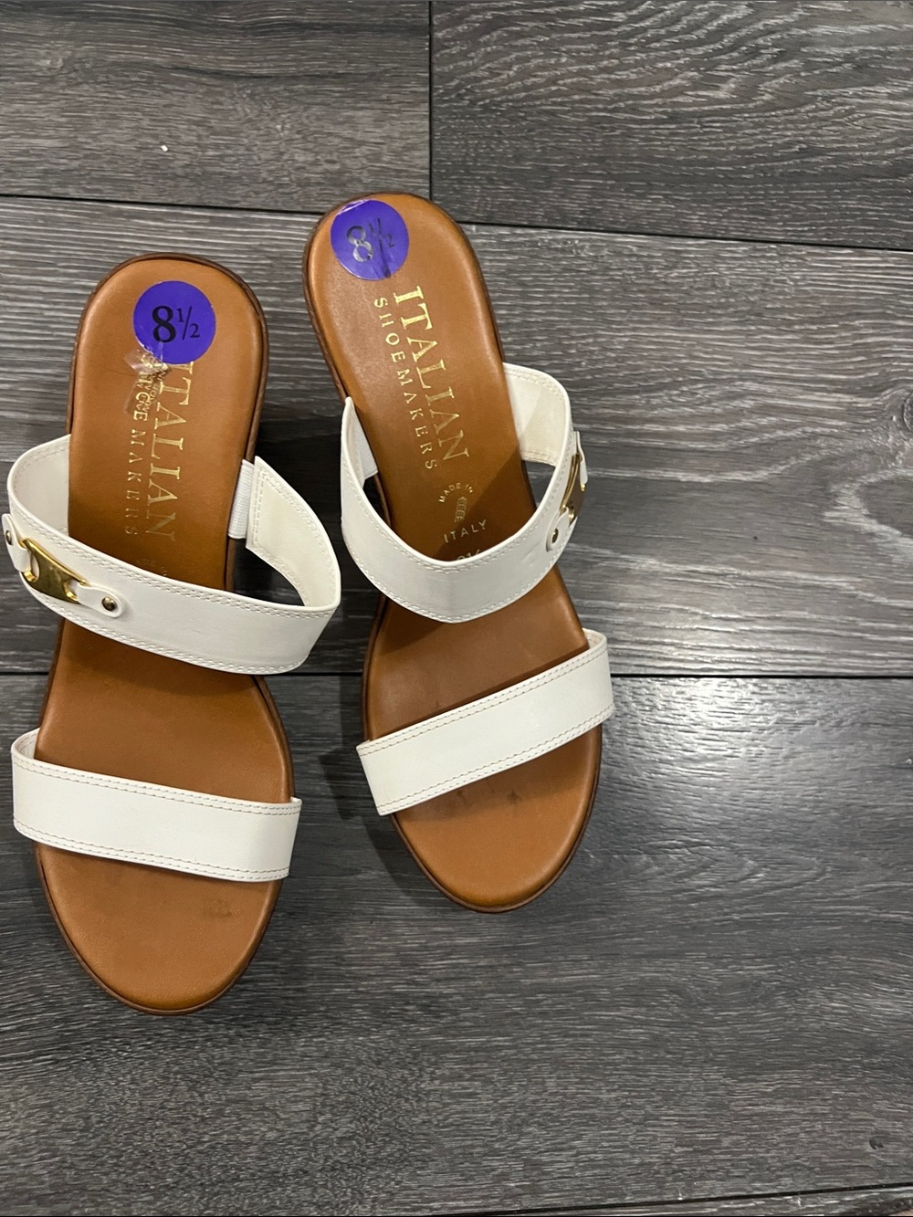Italian Shoemakers White Leather Two-Strap Slide Sandals with Gold Buckles